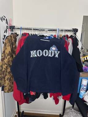 Vintage Disney Eeyore 'Moody' Embroidered Navy Blue V-Neck Fleece Sweatshirt 3X